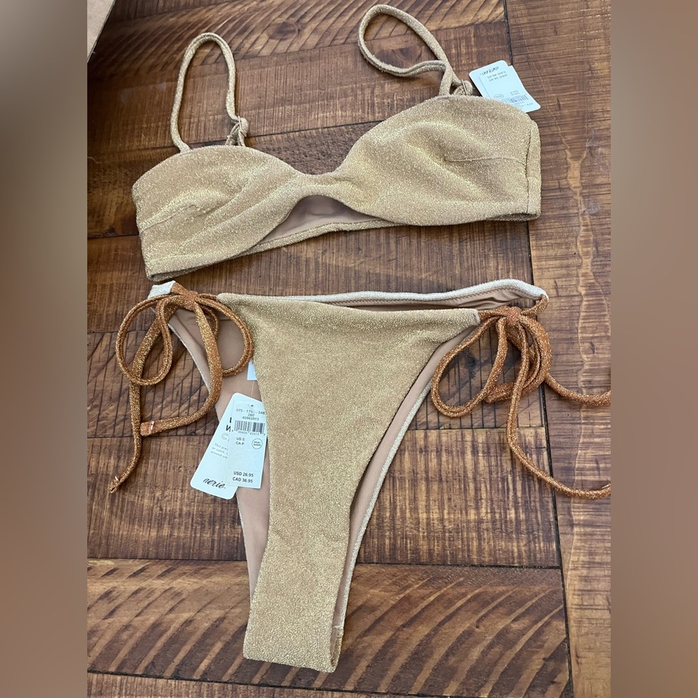 NWT Aerie FULL SET Sparkle Bralette Top + Cheekiest Tie Bottom Tan Sand Gold